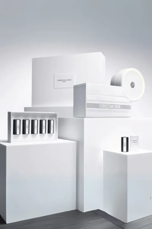 White scent bottles displayed on sculptural white plinths
