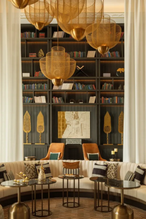 Library lounge with brass chandeliers and shelves of books