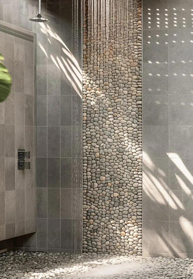 Spa rain shower against a wall of smooth river stones